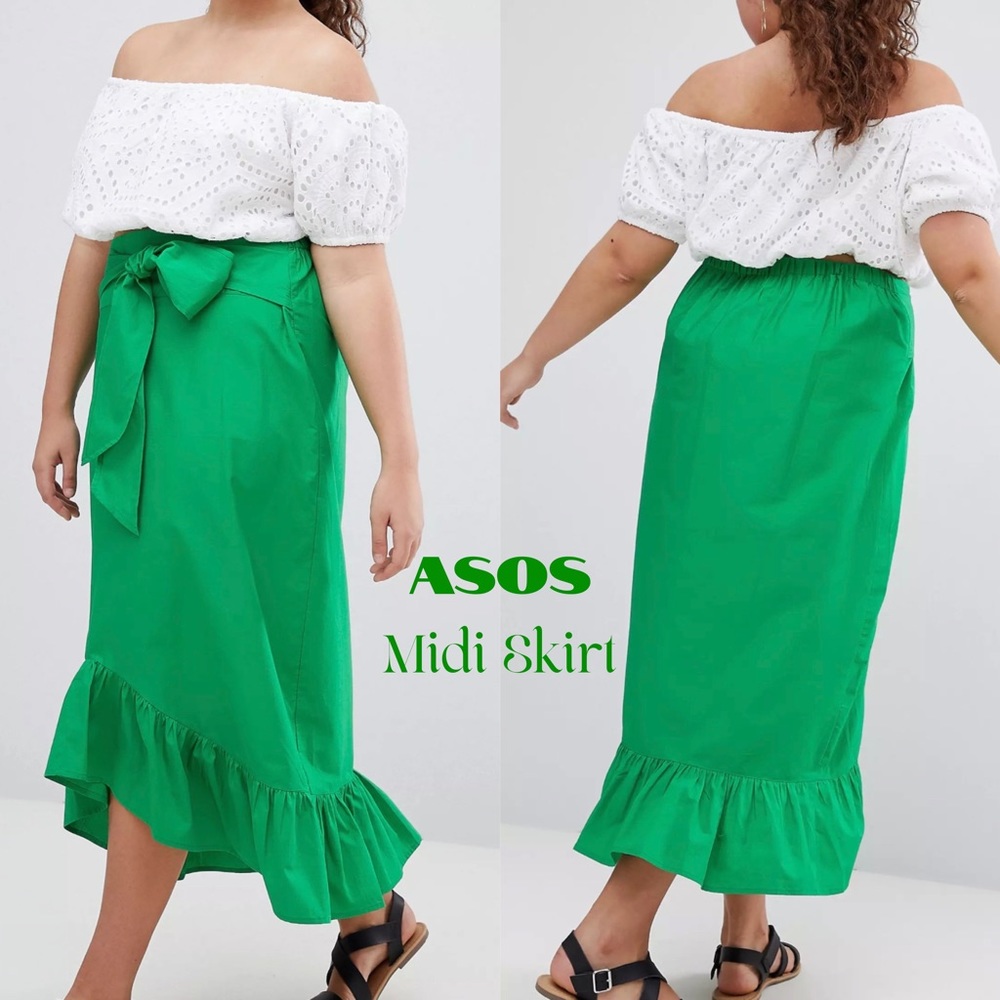 ASOS Design Curve Cotton Midi Skirt with Tie Belt and Ruffle Hem